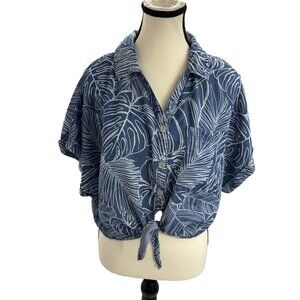 89th + Madison Womens Size M Button Front Tie Hem Shirt Blue Leaf Print Top